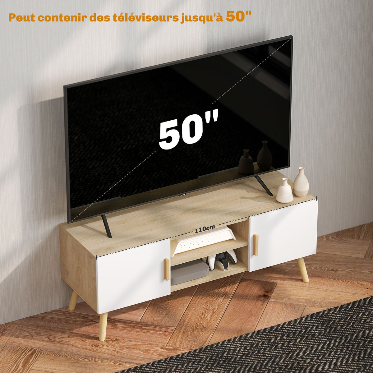 Meuble TV chêne et blanc, 2 portes, 110 cm, détail 1