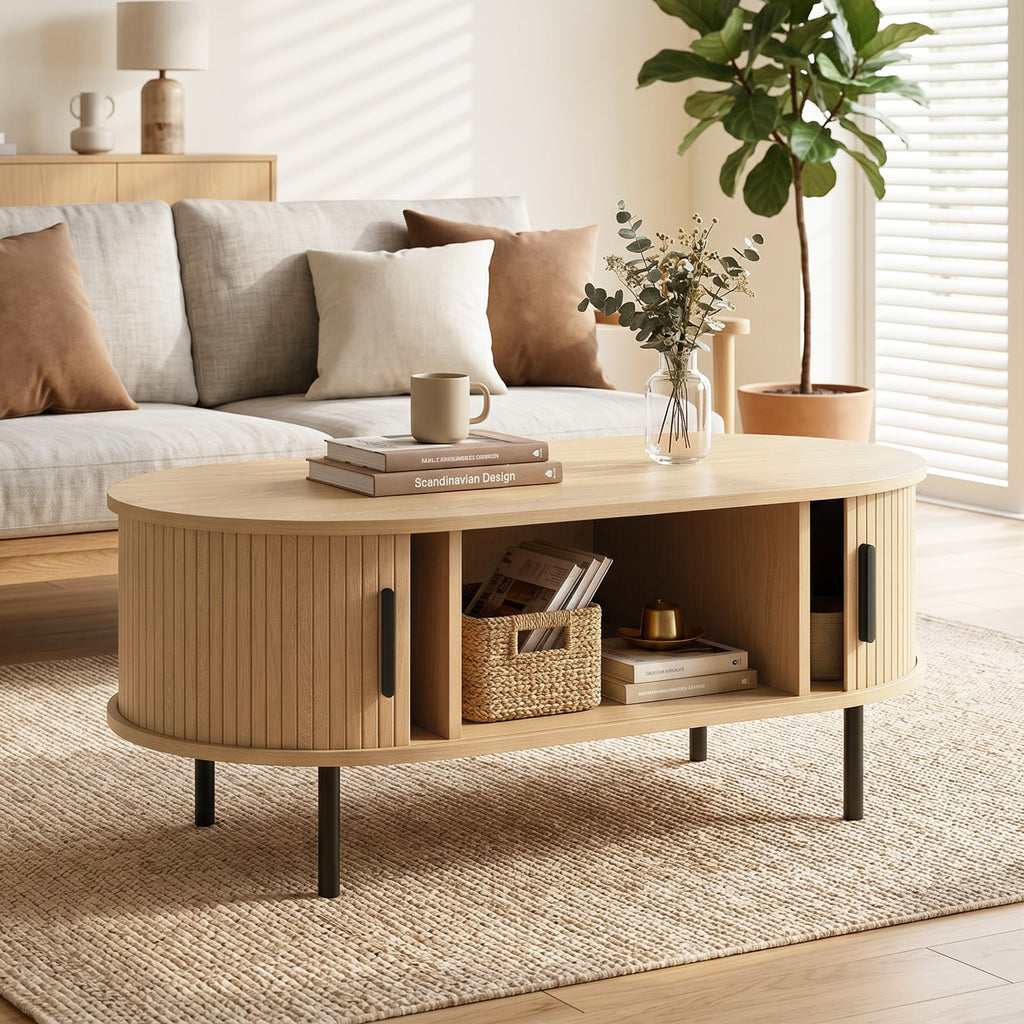 Table basse ovale à portes coulissantes, bois naturel, 100 × 55 × 40 cm, vue 4 – Saint-Oréan