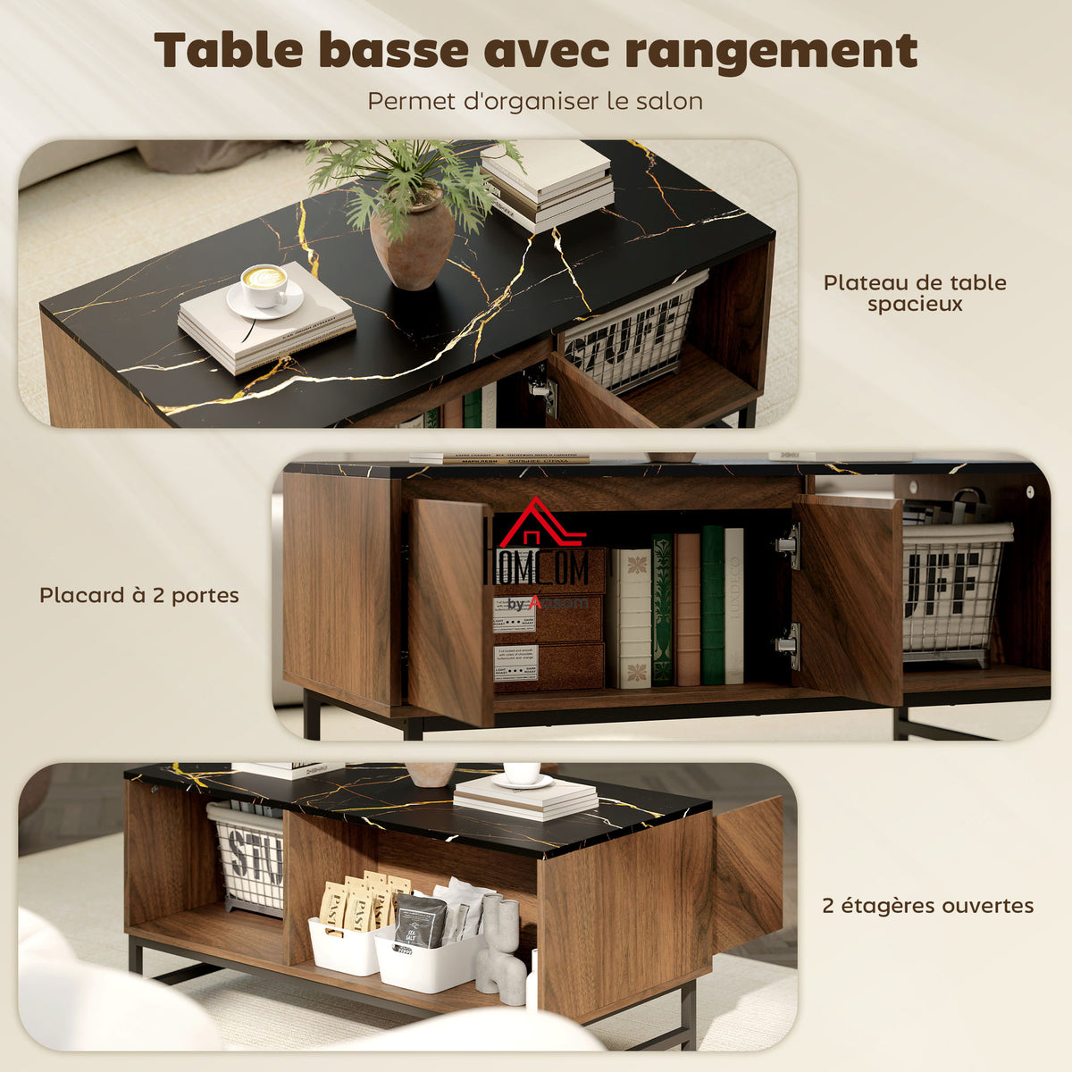 Table basse effet marbre noir et noyer avec rangement, 100 cm, détail 6