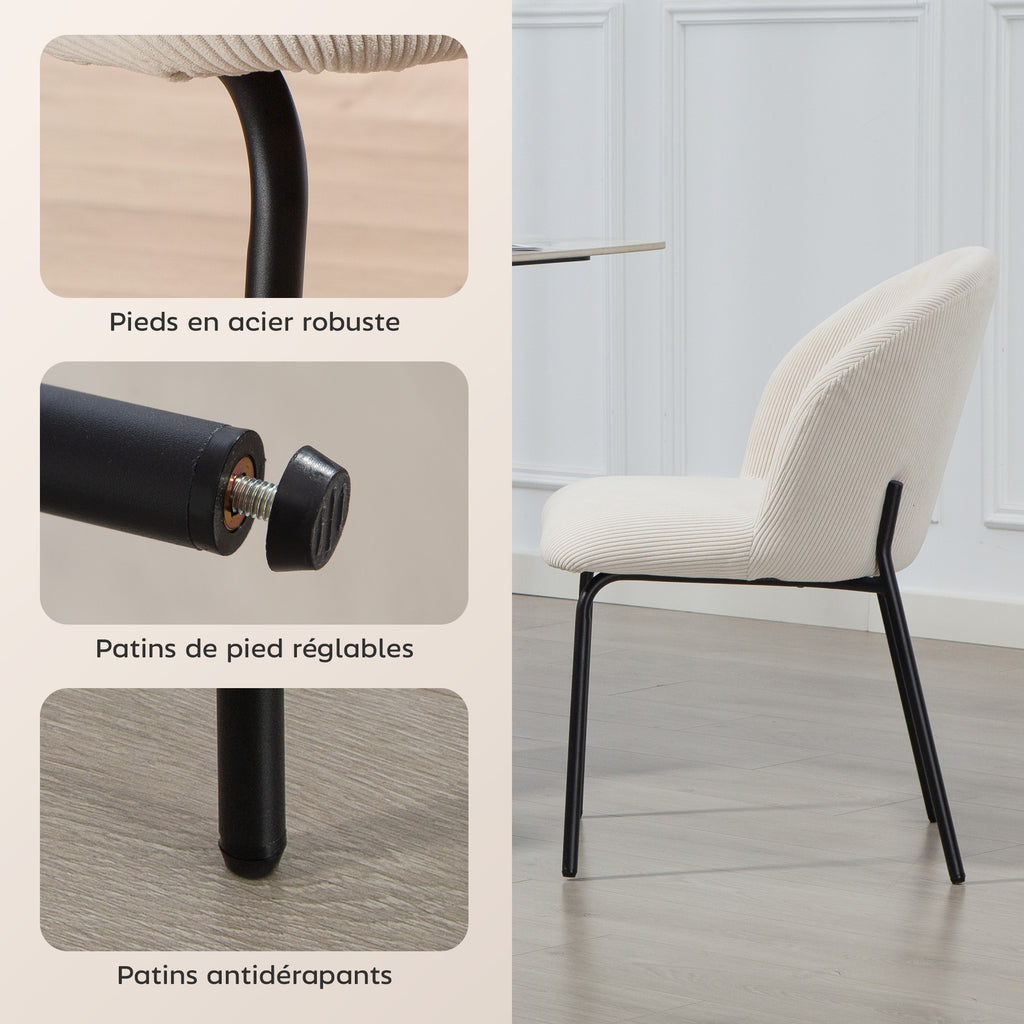 Lot de 2 chaises velours côtelé crème, pieds acier, détail 7
