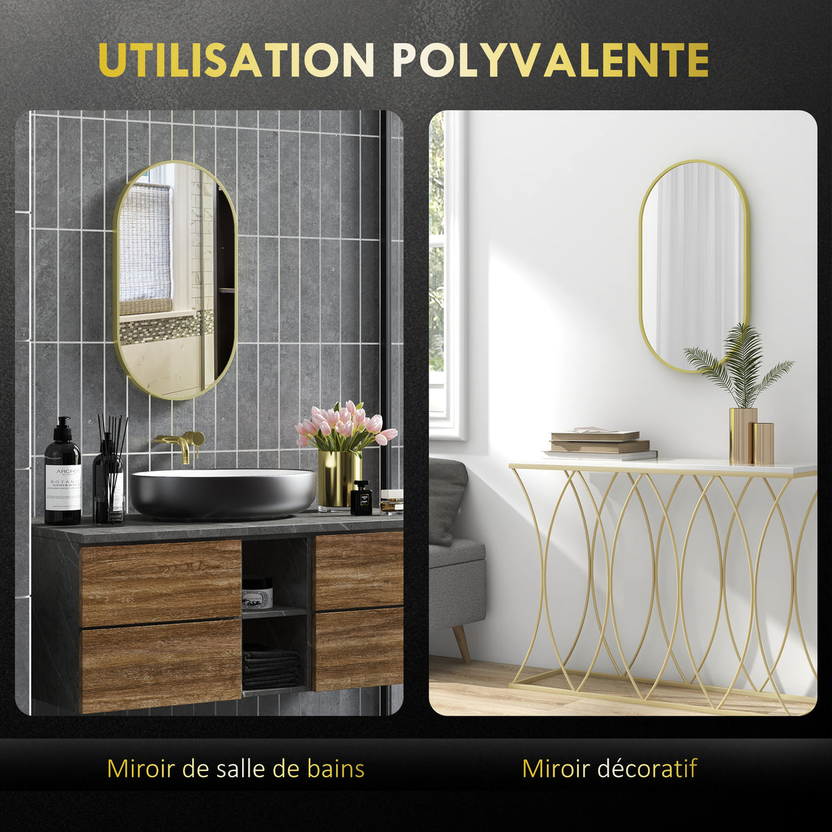 Miroir ovale mural cadre doré, 40 × 70 cm, détail 3