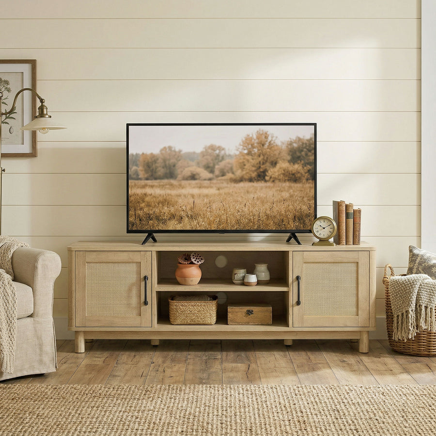 Meuble TV rotin et chêne, 2 portes cannées