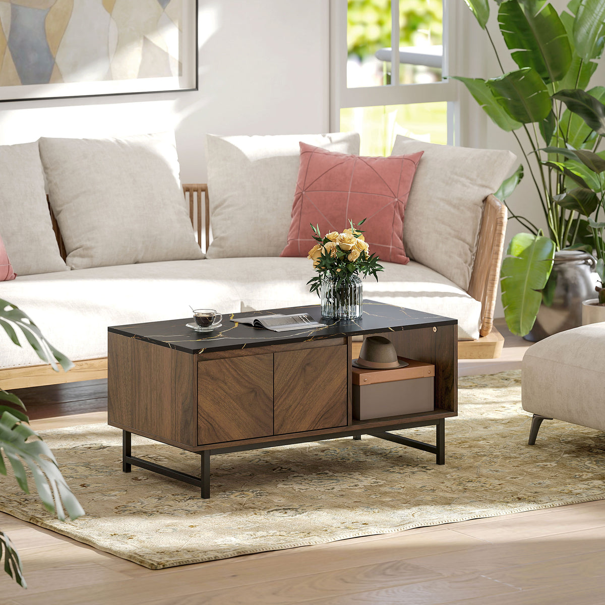Table basse effet marbre noir et noyer avec rangement, 100 cm