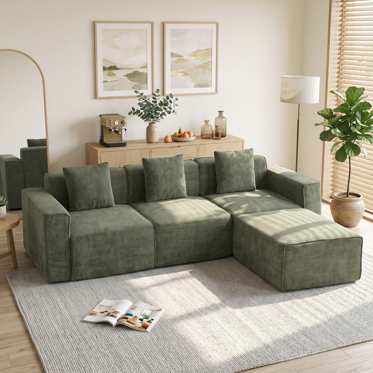 Canapé d'angle modulable chenille vert avec pouf, 251 cm, détail 7