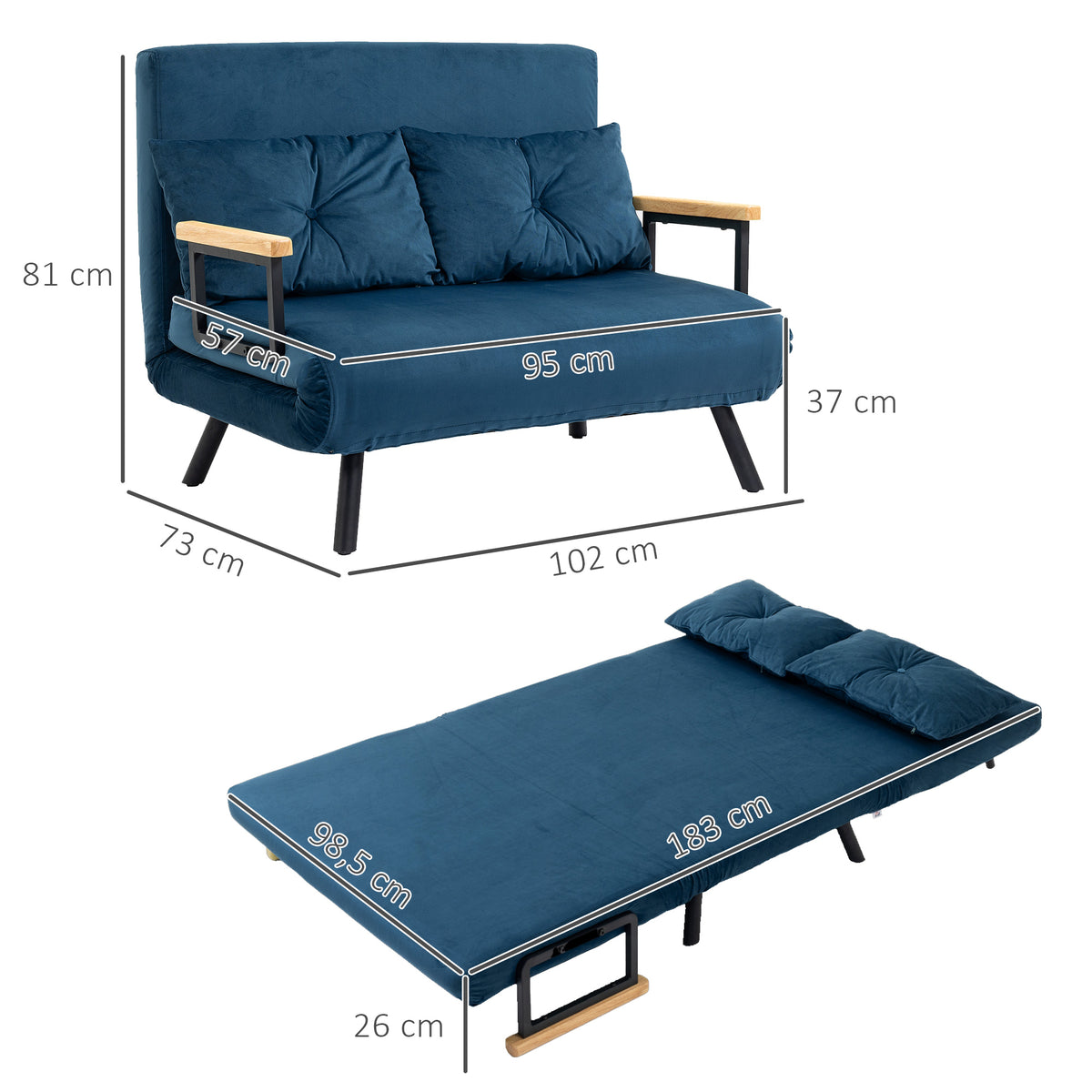 Canapé convertible 2 places velours bleu marine, 102 cm, détail 2