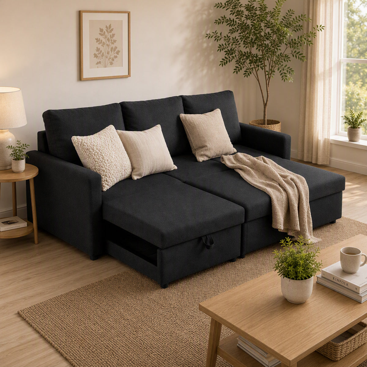 Canapé d'angle convertible aspect lin gris anthracite, 192 × 148 cm