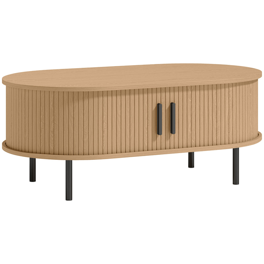 Table basse ovale à portes coulissantes, bois naturel