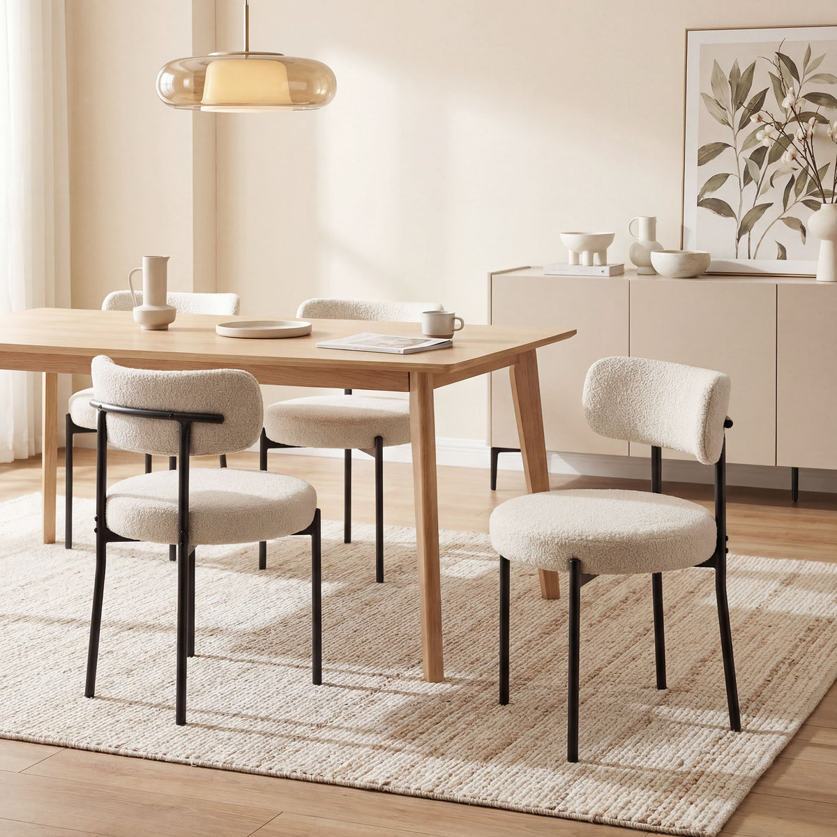 Lot de 4 Chaises Salle à Manger Chaises de Cuisine Rembourrées en Tissu Bouclette Dossier Incurvé Pieds en Acier Beige-1