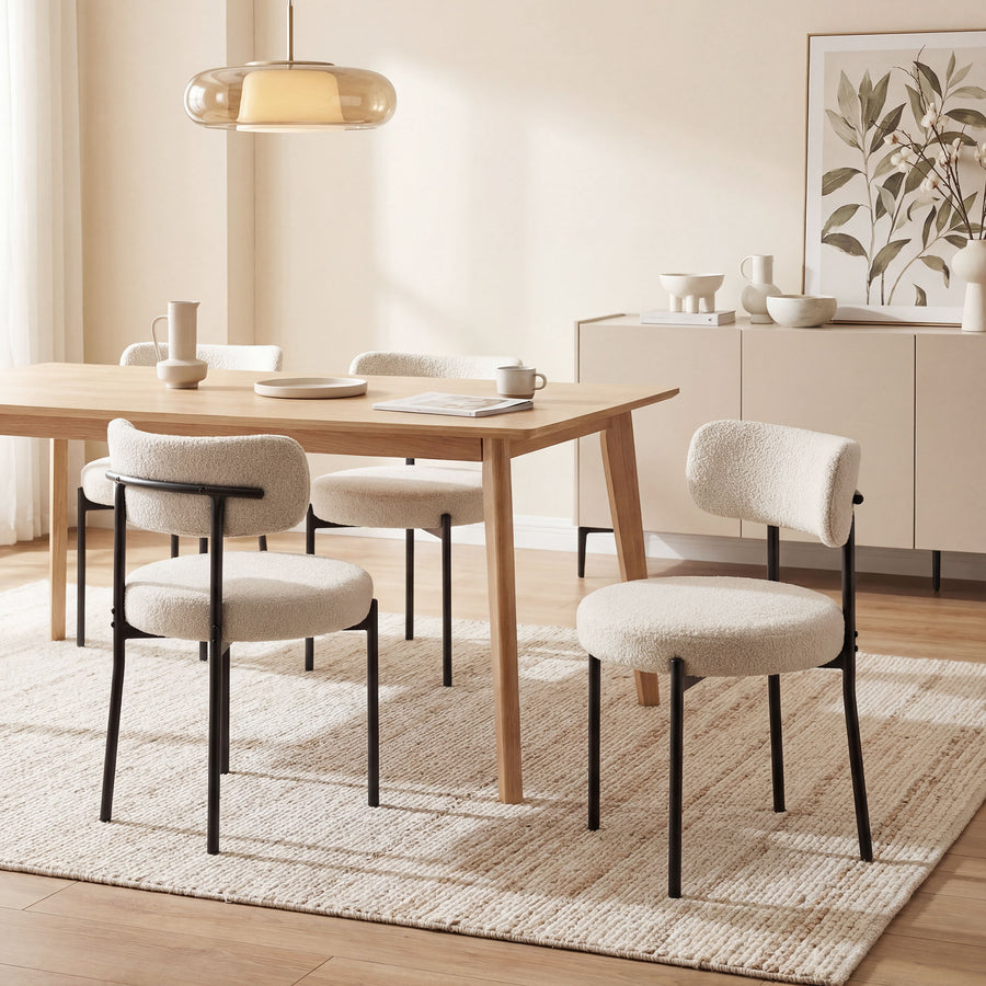 Lot de 4 chaises de salle à manger bouclette beige, pieds acier