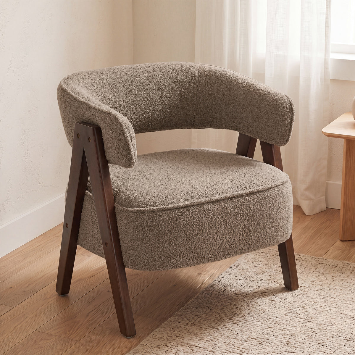 Fauteuil de salon en tissu bouclette, chaise rembourrée, assise large, dossier ergonomique, 70 x 64 x 71 cm, marron-1