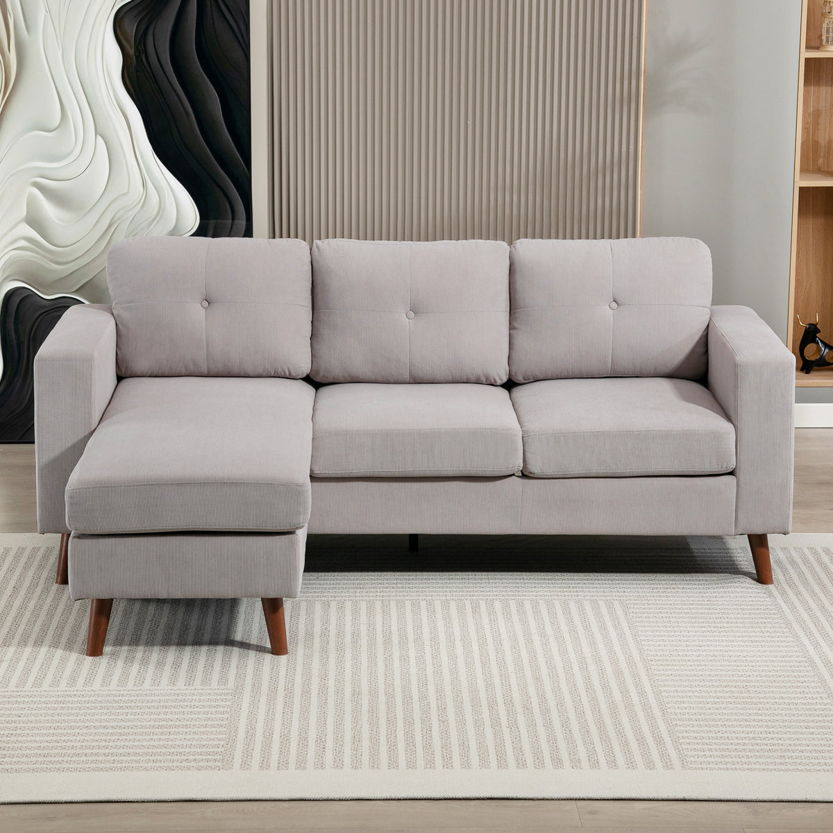 Canapé d'angle réversible velours côtelé gris clair, 192 × 137 cm, détail 3
