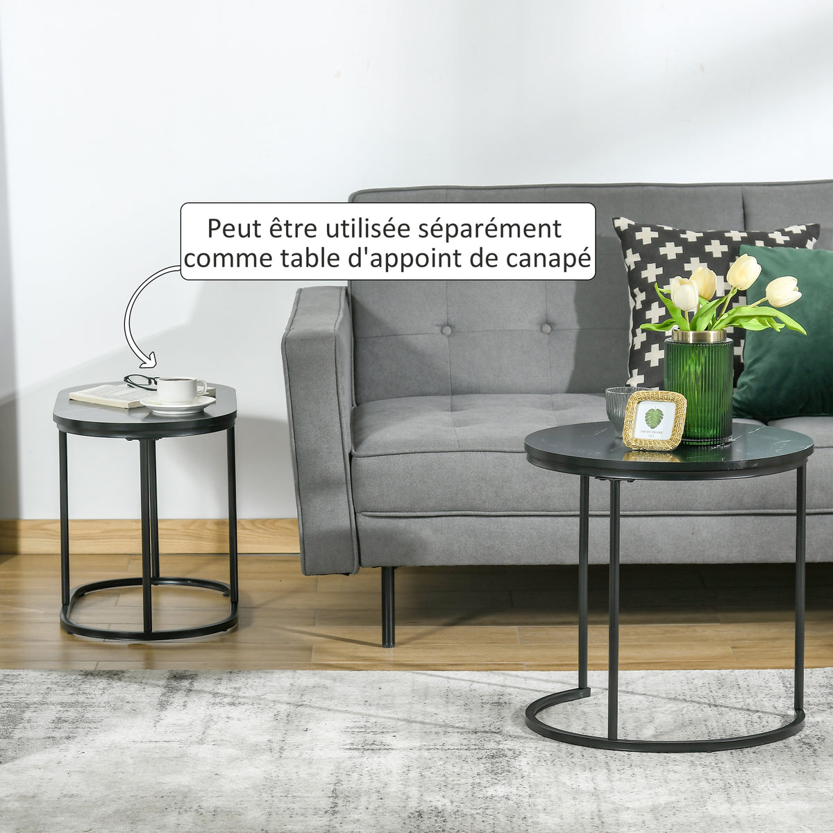 Lot de 2 tables gigognes effet marbre noir, acier, détail 6