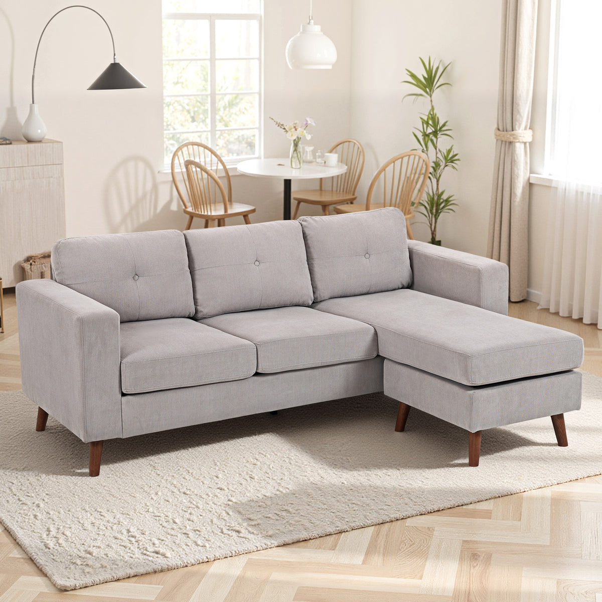 Canapé d'angle réversible velours côtelé gris clair, 192 × 137 cm, détail 6