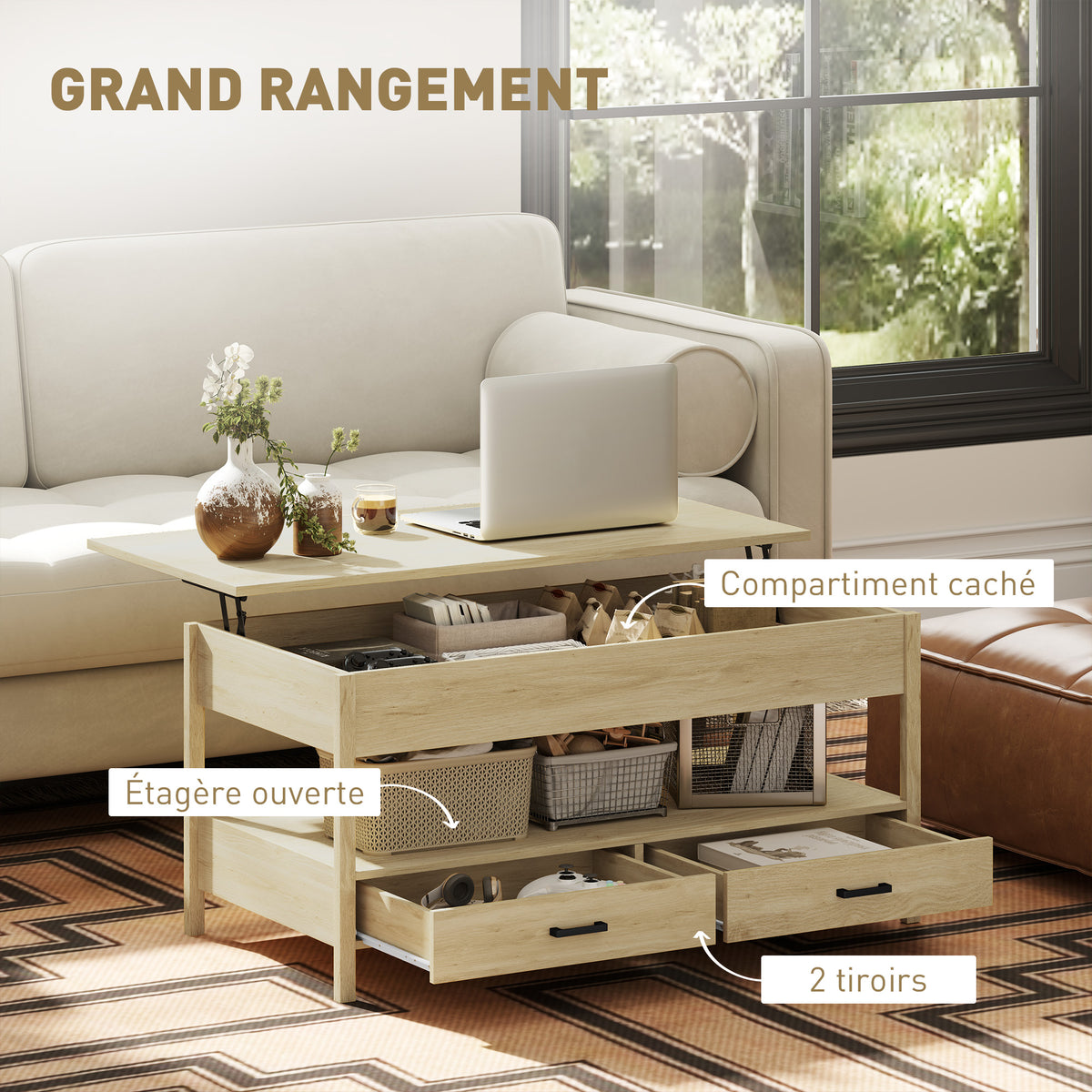 Table basse relevable chêne avec tiroirs, 100 × 50 cm, détail 1