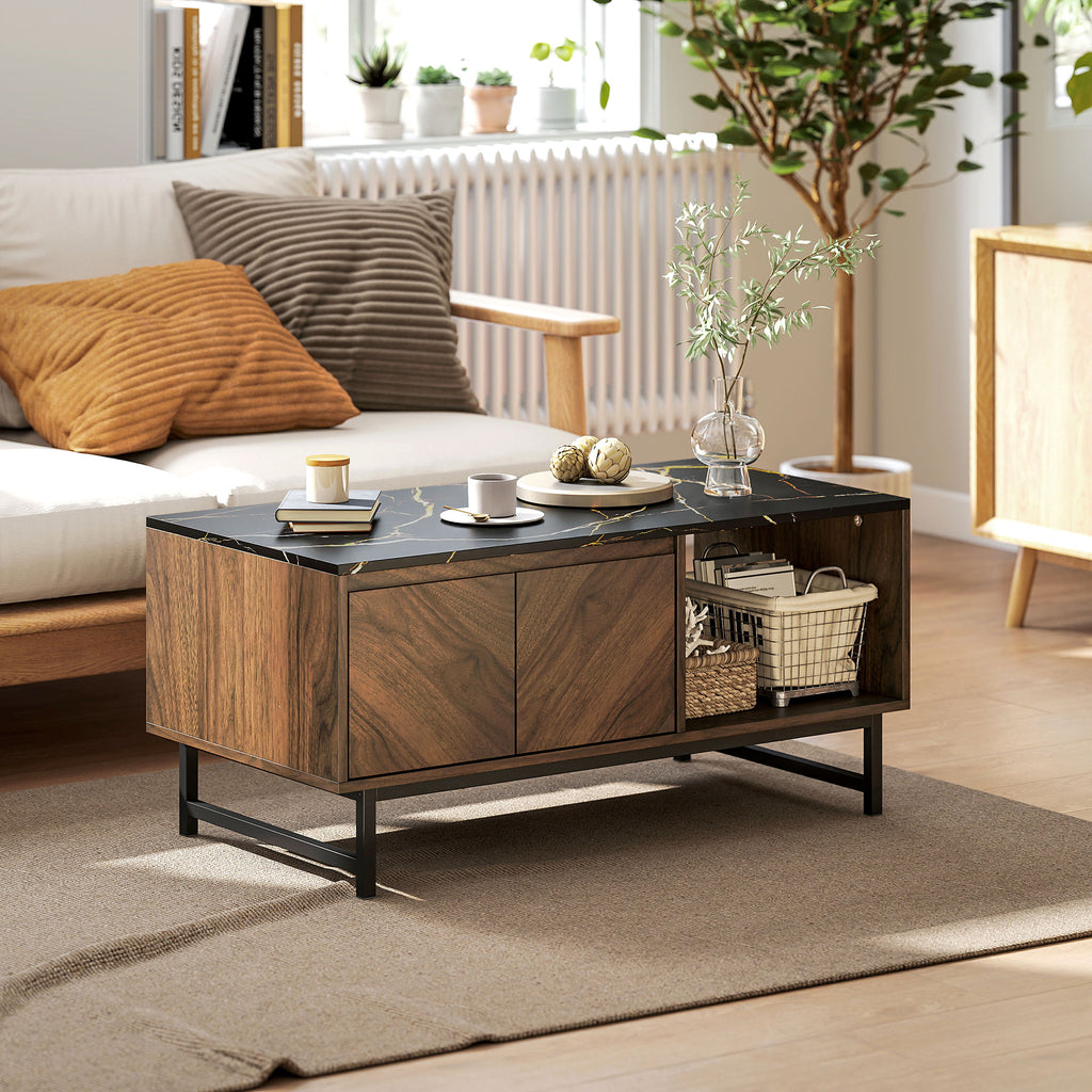 Table basse effet marbre noir et noyer avec rangement, 100 cm, détail 5