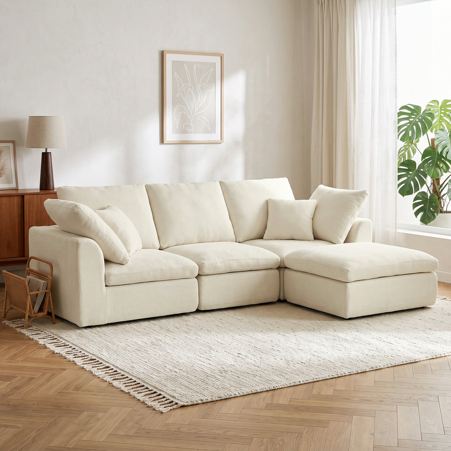 Canapé d'angle modulable chenille crème avec pouf