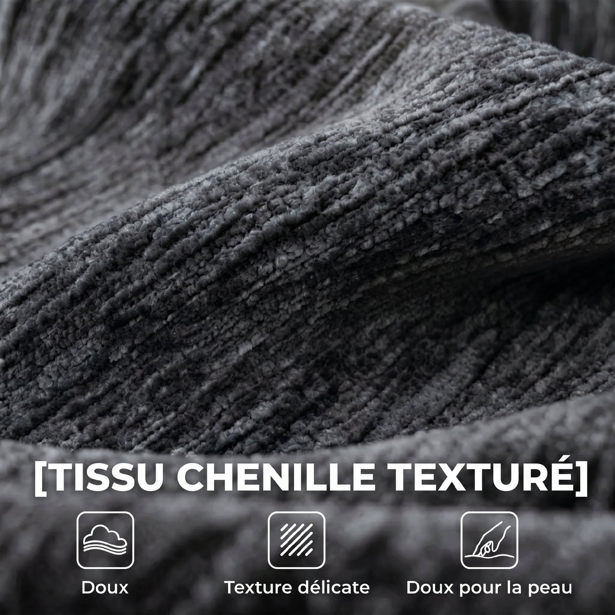 Canapé 3 places chenille gris, assise profonde, 248 cm, détail 1
