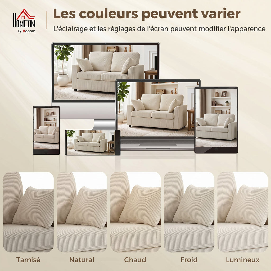 Canapé 2 places velours côtelé beige, 144 cm, détail 1