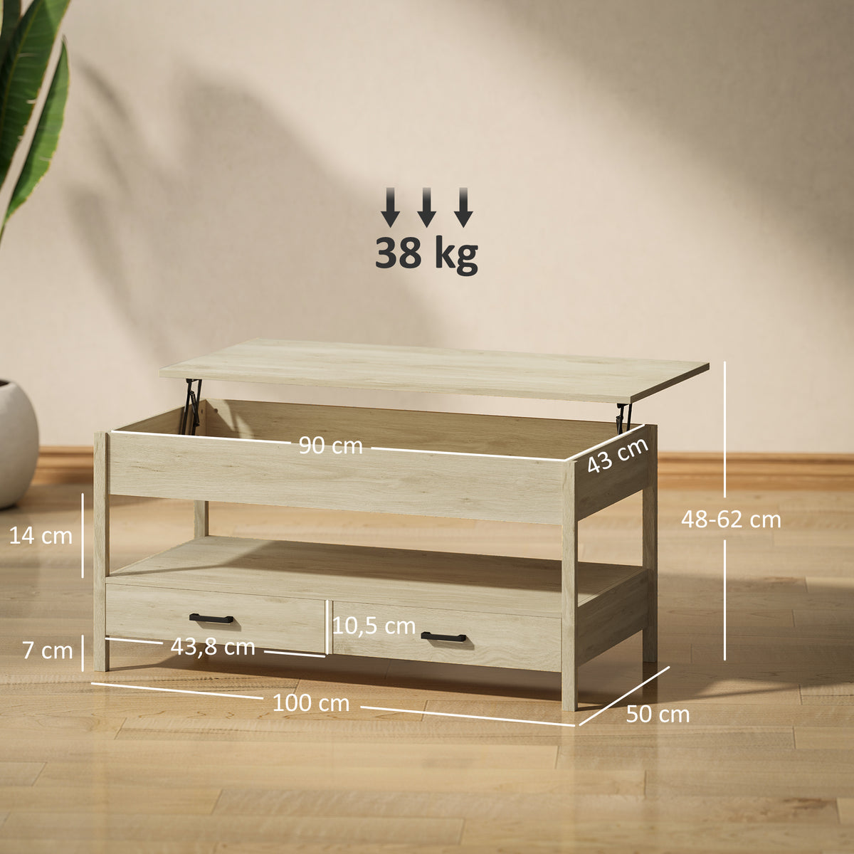 Table basse relevable chêne avec tiroirs, 100 × 50 cm, détail 5