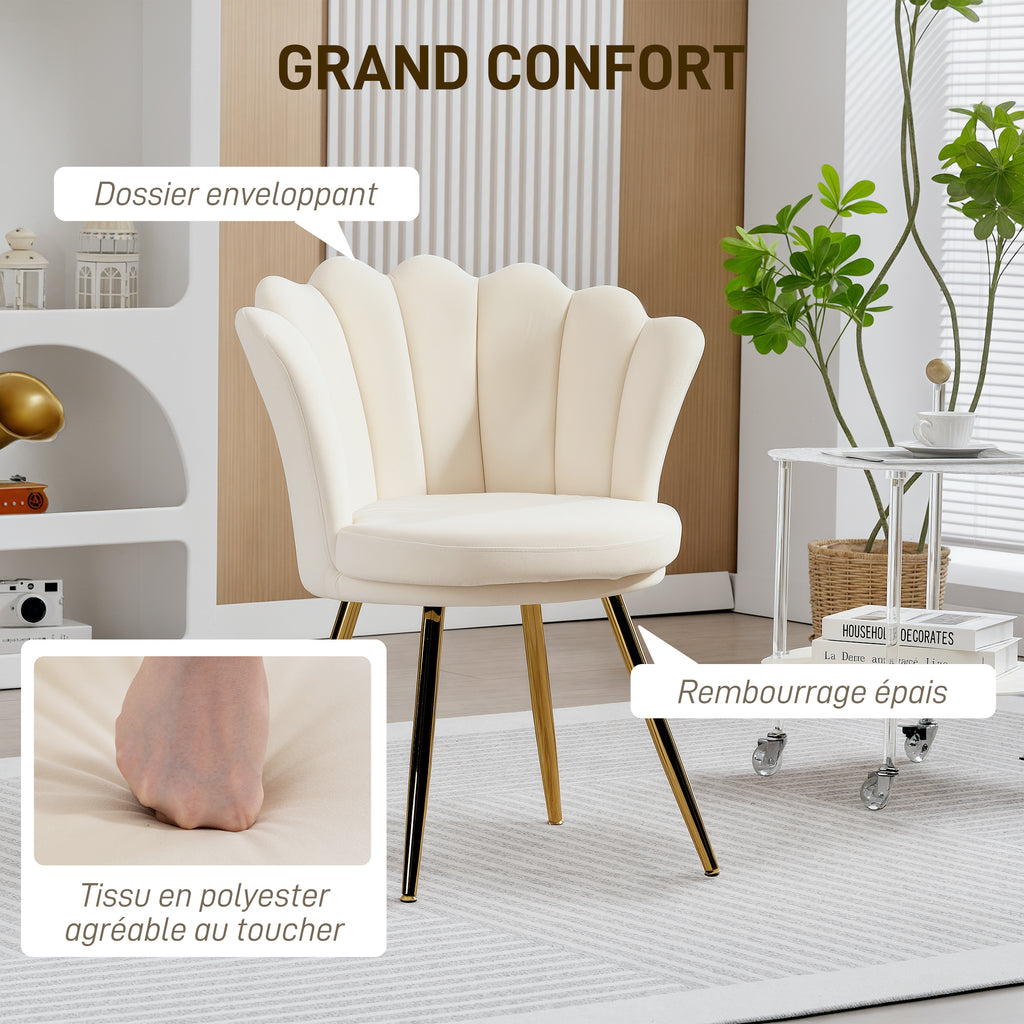 Fauteuil coquillage velours beige, pieds dorés, détail 2