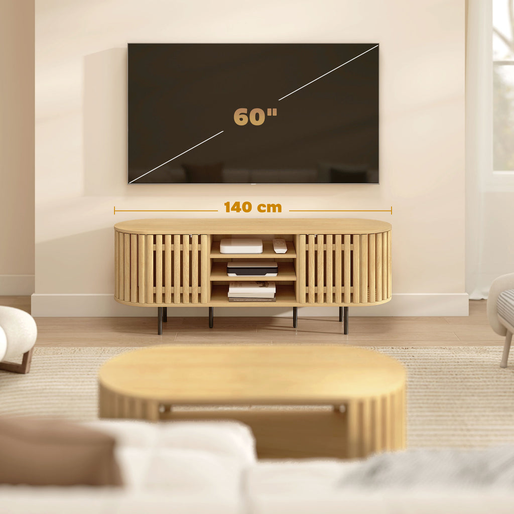 Meuble TV à portes à lattes, bois naturel, 140 × 40 × 52 cm, vue 4 – Saint-Oréan