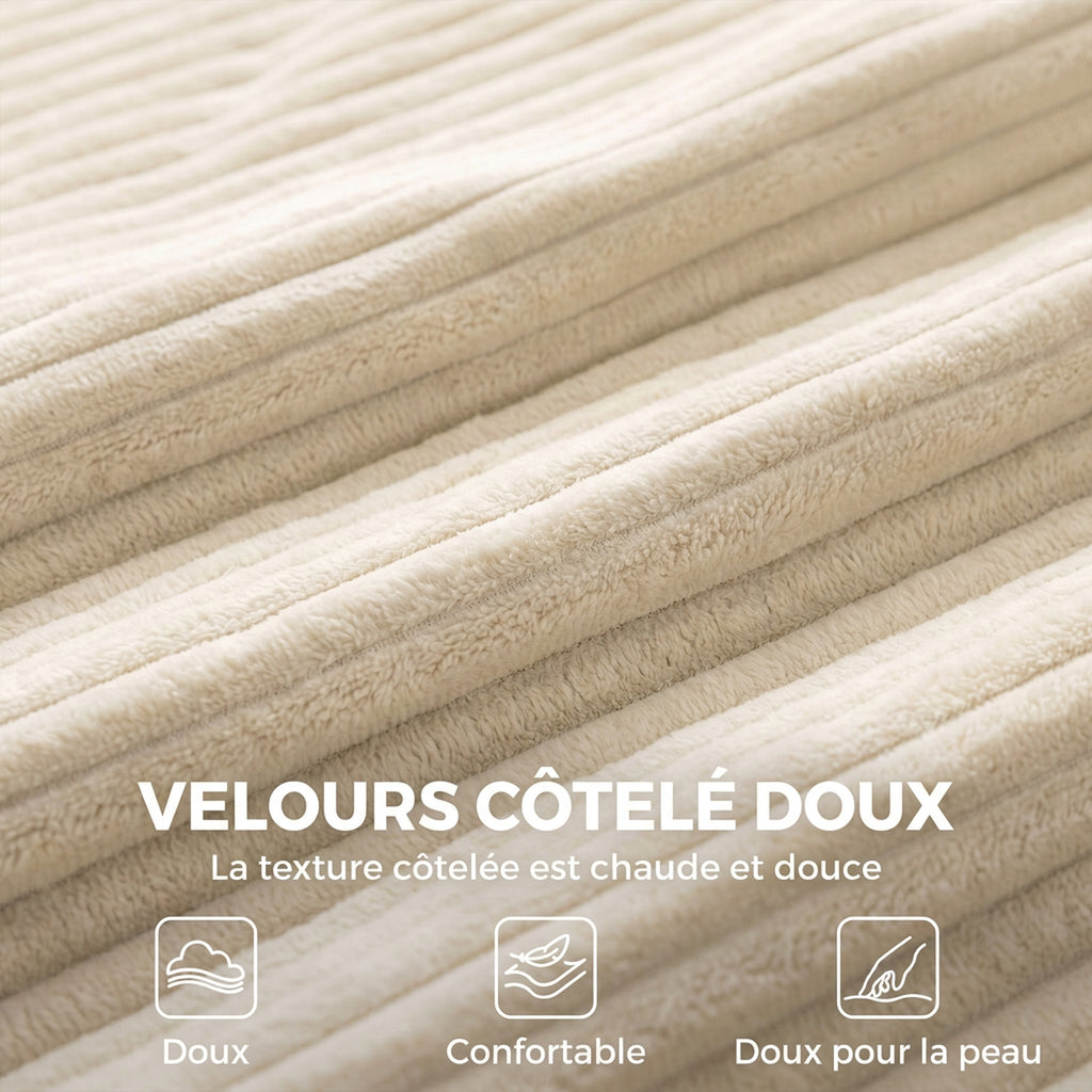 Canapé d'angle velours côtelé beige, méridienne arrondie, 235 cm, détail 3