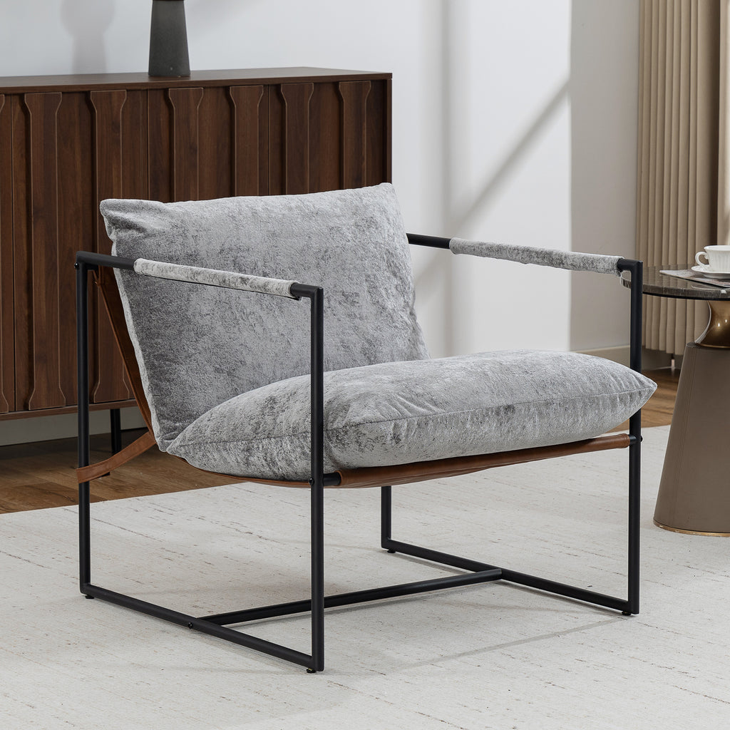 Fauteuil bouclette gris clair, structure acier noir, détail 6