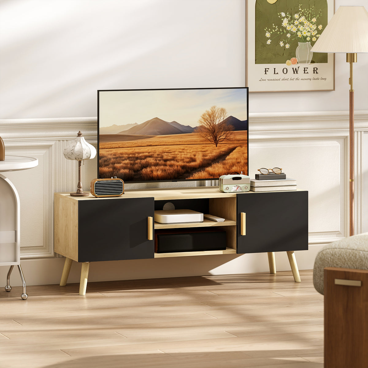 Meuble TV chêne et noir, 2 portes, 110 cm, détail 1
