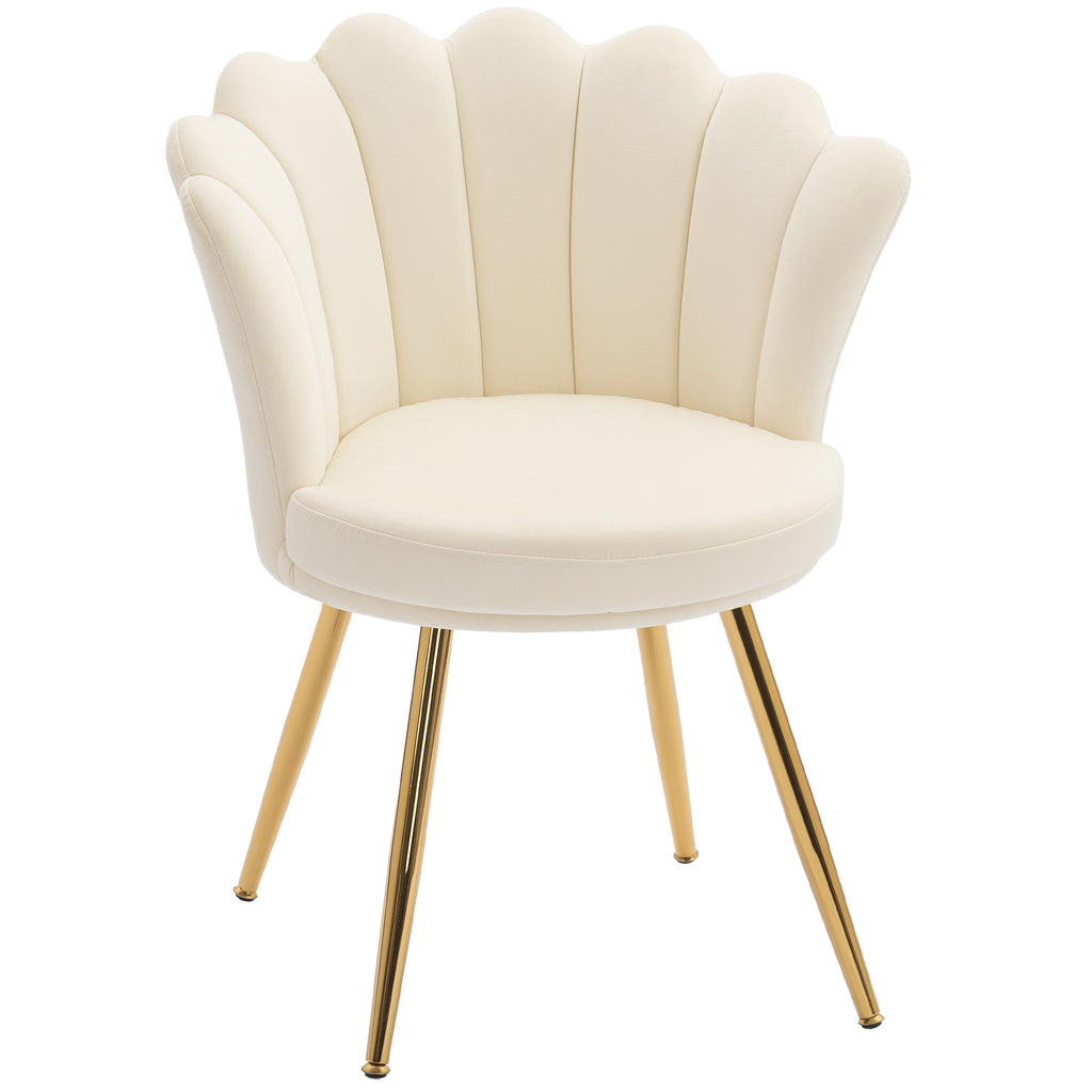 Fauteuil coquillage velours beige, pieds dorés, sur fond blanc