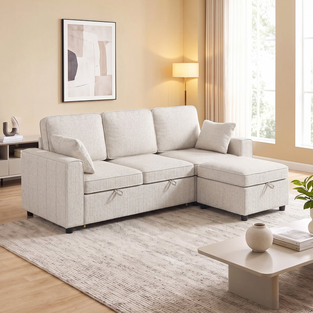 Canapé d'angle convertible chenille beige avec pouf coffre, 225 cm