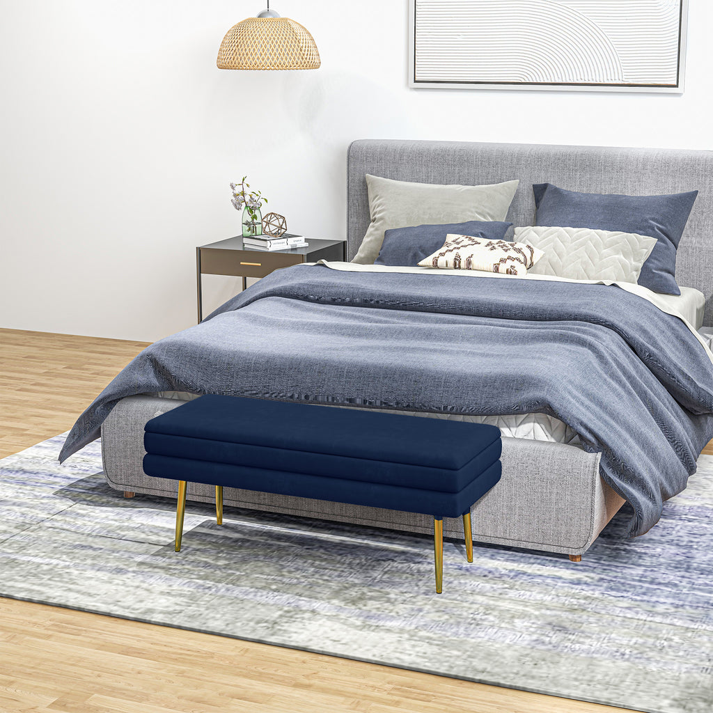 Banc coffre velours bleu marine, pieds dorés, 100 cm, détail 6