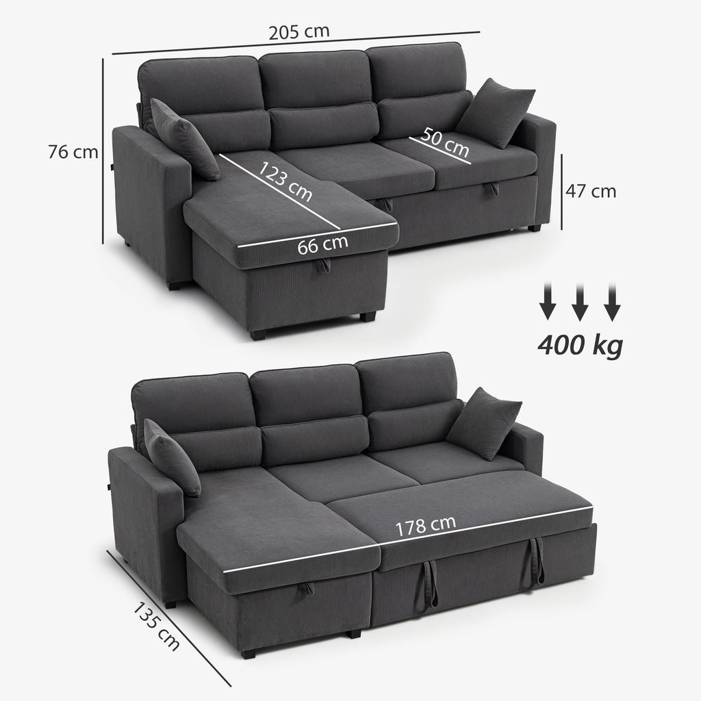 Canapé d'angle convertible velours côtelé gris, coffre, 205 × 135 cm, détail 1