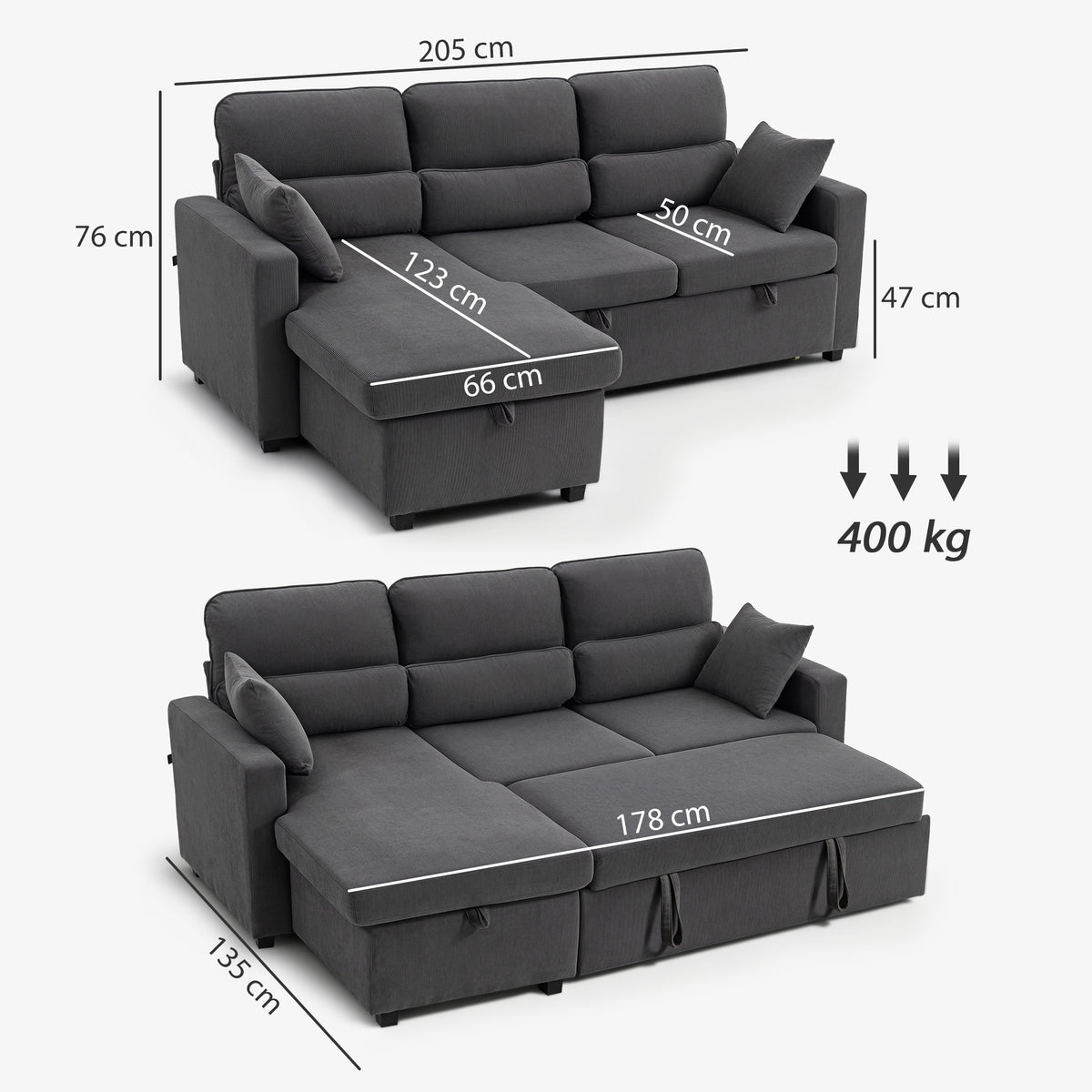 Canapé d'angle convertible velours côtelé gris, coffre, 205 × 135 cm, détail 1