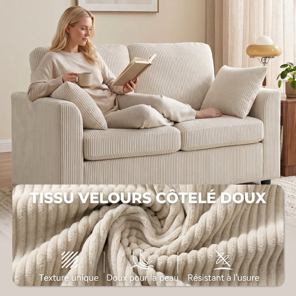 Canapé 2 places velours côtelé beige, 144 cm, détail 5