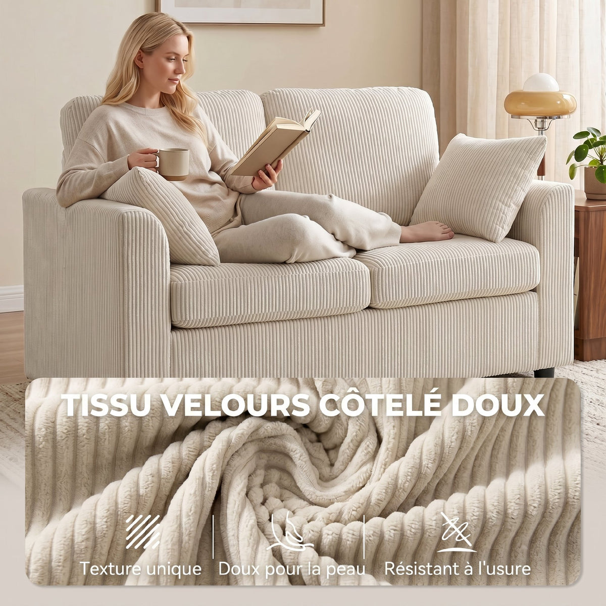 Canapé 2 places velours côtelé beige, 144 cm, détail 5