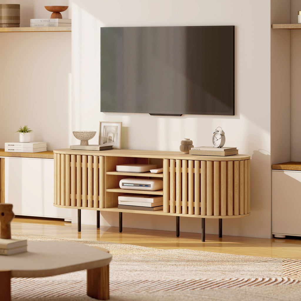 Meuble TV à portes à lattes, bois naturel, 140 × 40 × 52 cm, vue 5 – Saint-Oréan
