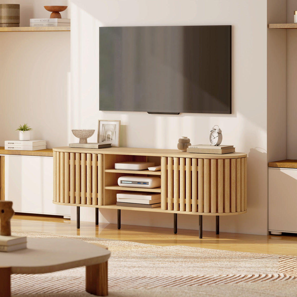 Meuble TV, meuble télé pour téléviseur 60 pouces, 2 portes à lattes, 140x40x52cm, bois naturel-7