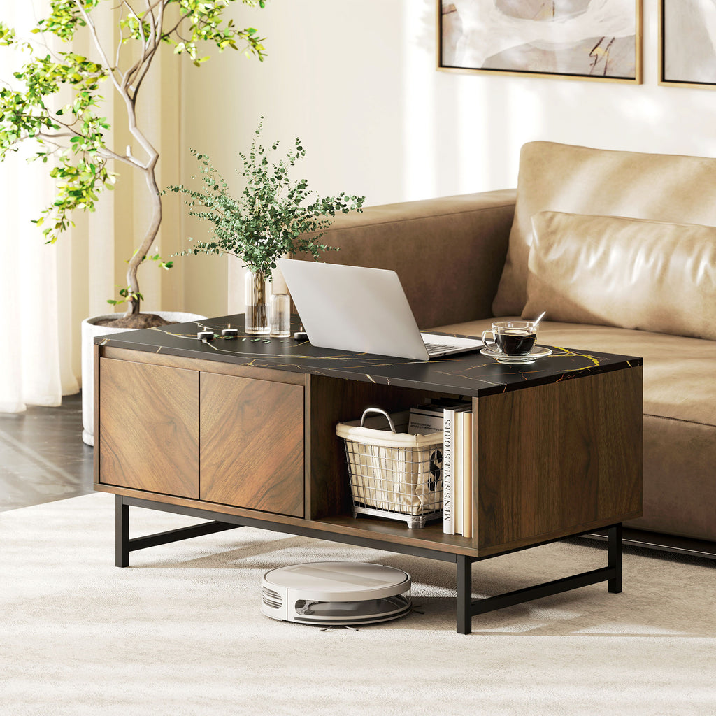 Table basse effet marbre noir et noyer avec rangement, 100 cm, détail 1