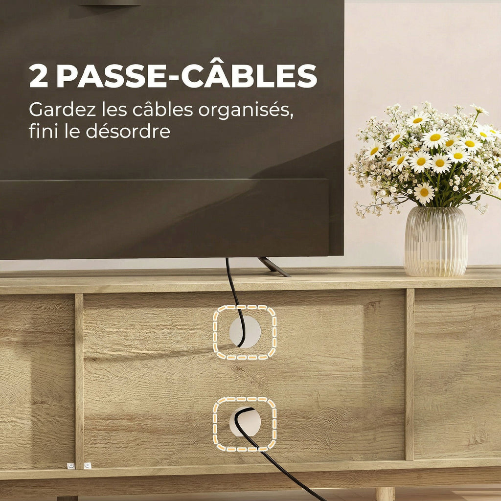 Meuble TV rotin et chêne, portes cannées, 135 cm, détail 7