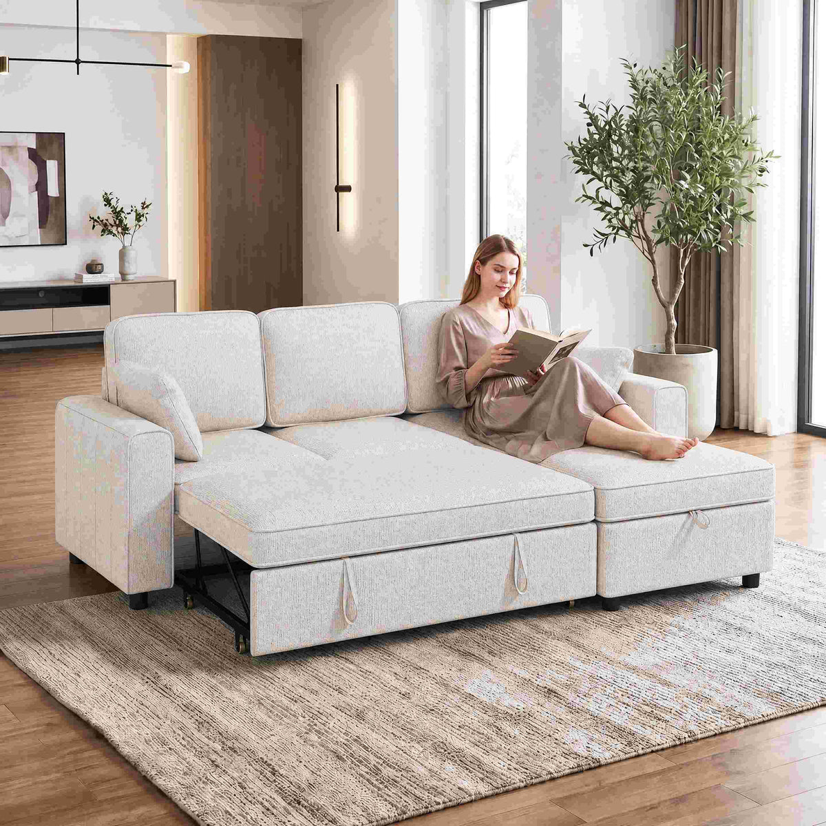 Canapé d'angle convertible chenille beige avec pouf coffre, 225 cm, détail 1