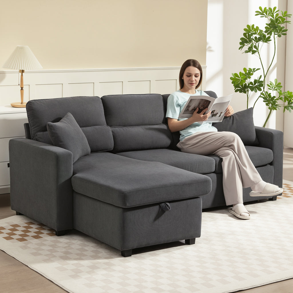 Canapé d'angle convertible velours côtelé gris, coffre, 205 × 135 cm, détail 7