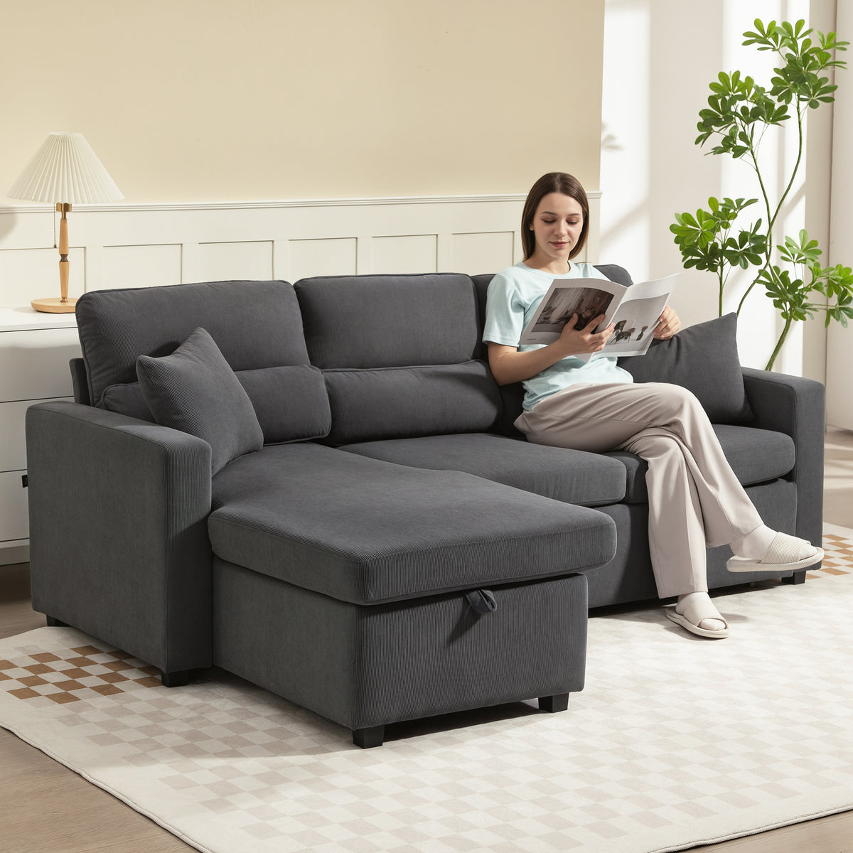 Canapé d'angle convertible velours côtelé gris, coffre, 205 × 135 cm, détail 7