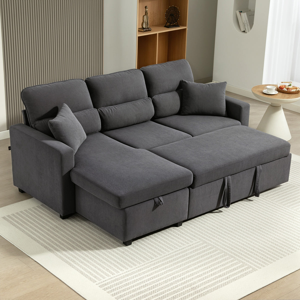 Canapé d'angle convertible velours côtelé gris, coffre, 205 × 135 cm