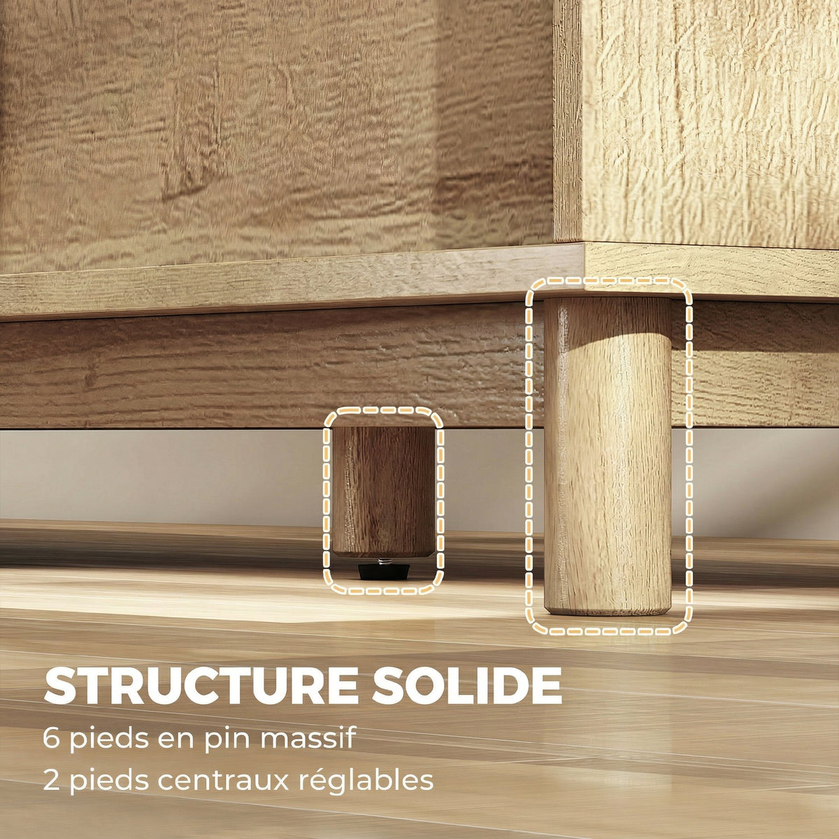 Meuble TV rotin et chêne, portes cannées, 135 cm, détail 2