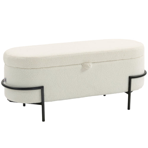 Banc de rangement, banc coffre de rangement en tissu bouclette avec couvercle relevable et pieds en acier, crème-0