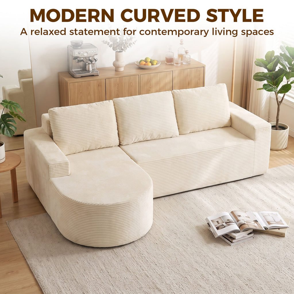 Canapé d'angle velours côtelé beige, méridienne arrondie, 235 cm, détail 4