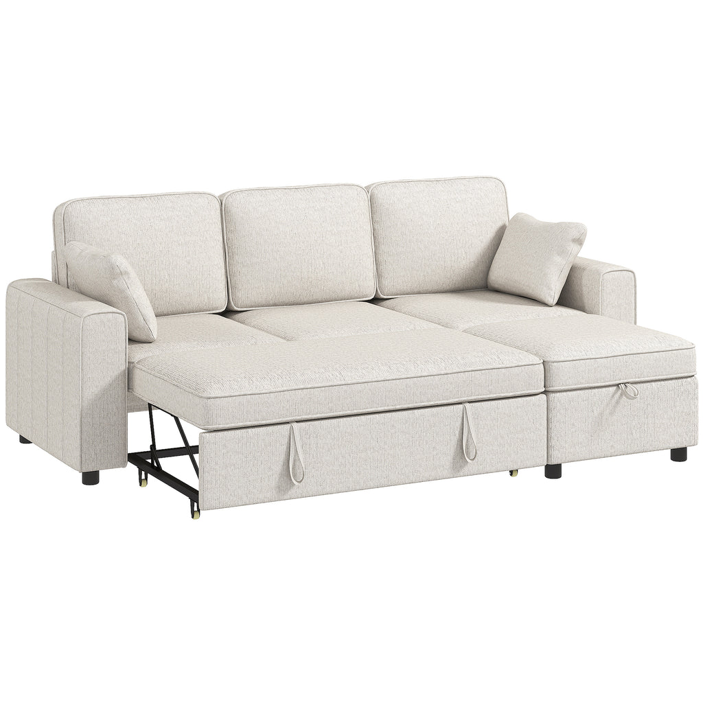 Canapé d'angle convertible chenille beige avec pouf coffre, 225 cm, sur fond blanc