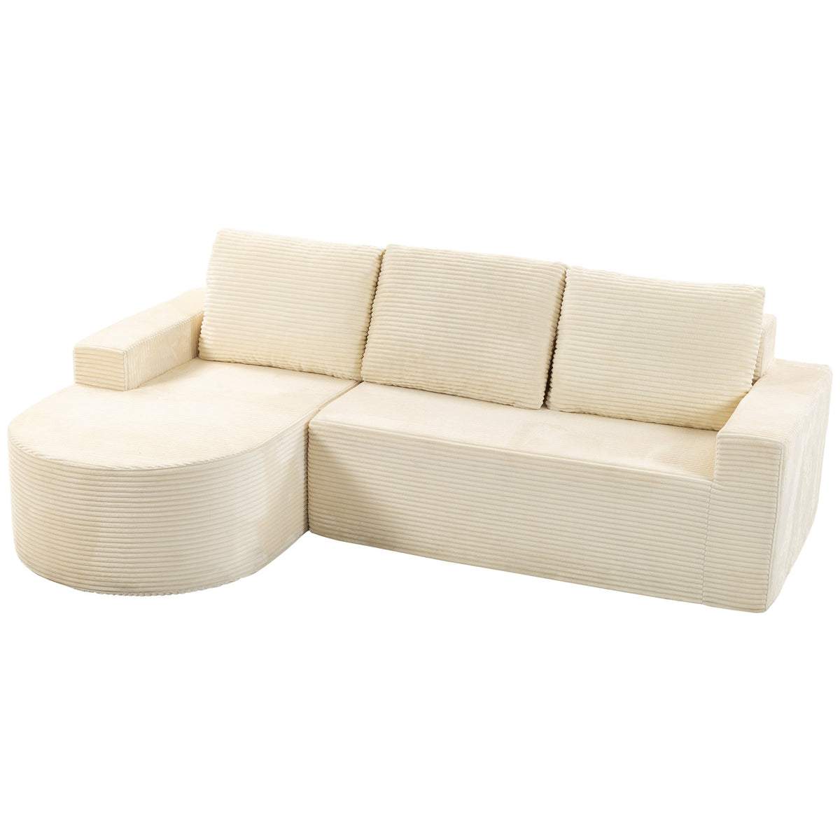 Canapé d'angle velours côtelé beige, méridienne arrondie, 235 cm, sur fond blanc