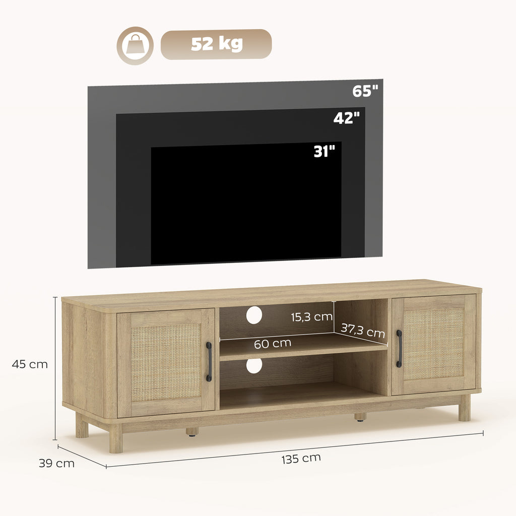 Meuble TV rotin et chêne, portes cannées, 135 cm, détail 4