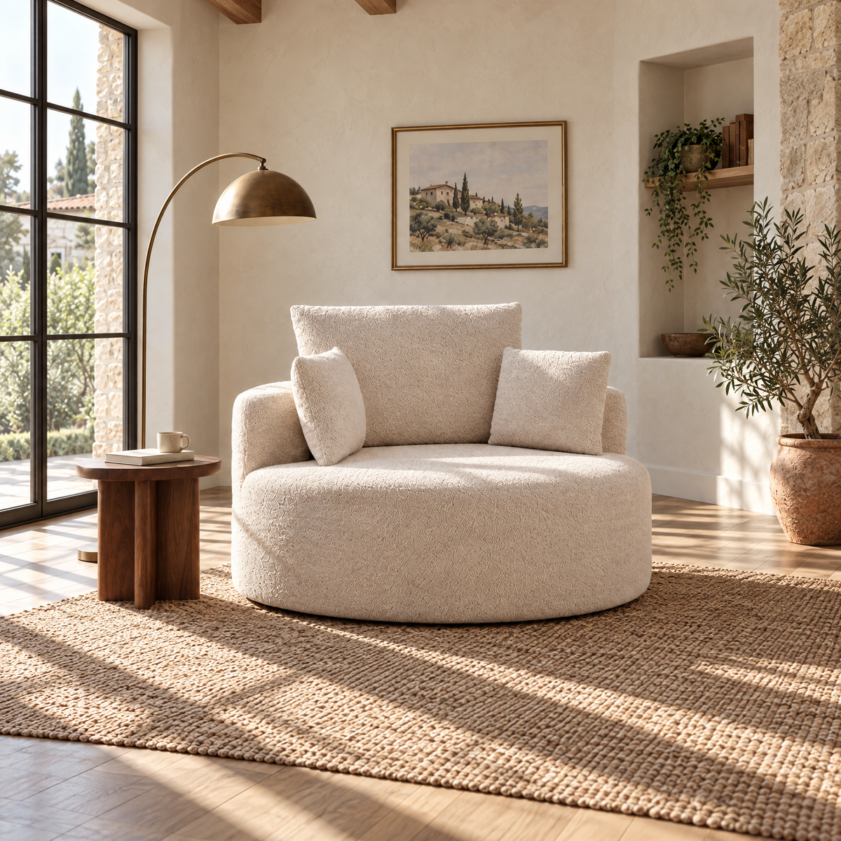 Fauteuil rond XXL chenille crème dans un coin lecture baigné de lumière